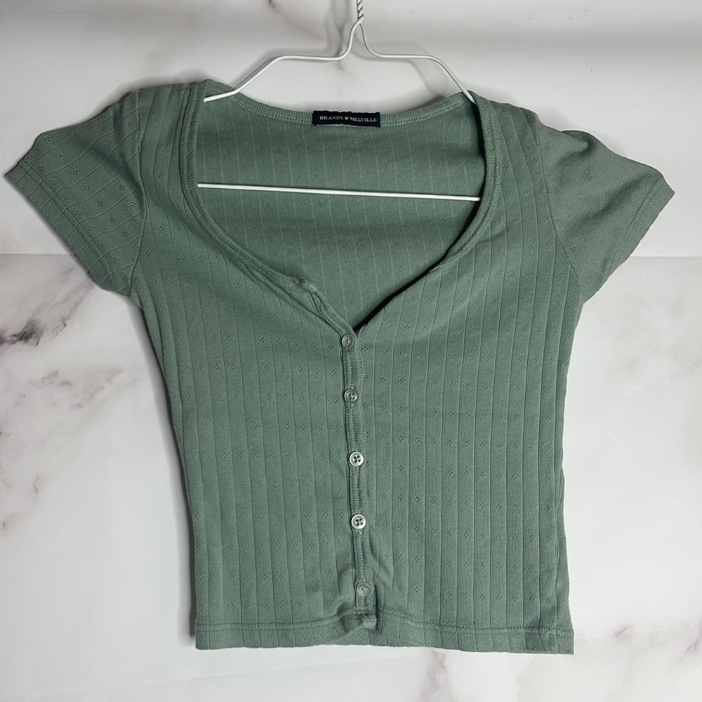 Brandy Melville Zelly Top- Green Floral print on shirt
